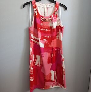 Pink, Red, and White Paint Stroke Dress with Gold Necklace Accent